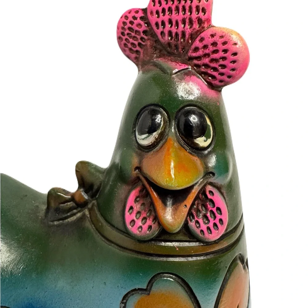 Chicken Feed Vintage Funky Whimsical Hen Chicken Coin Bank Bow Flowers 6.5” Tall - Picture 8 of 12